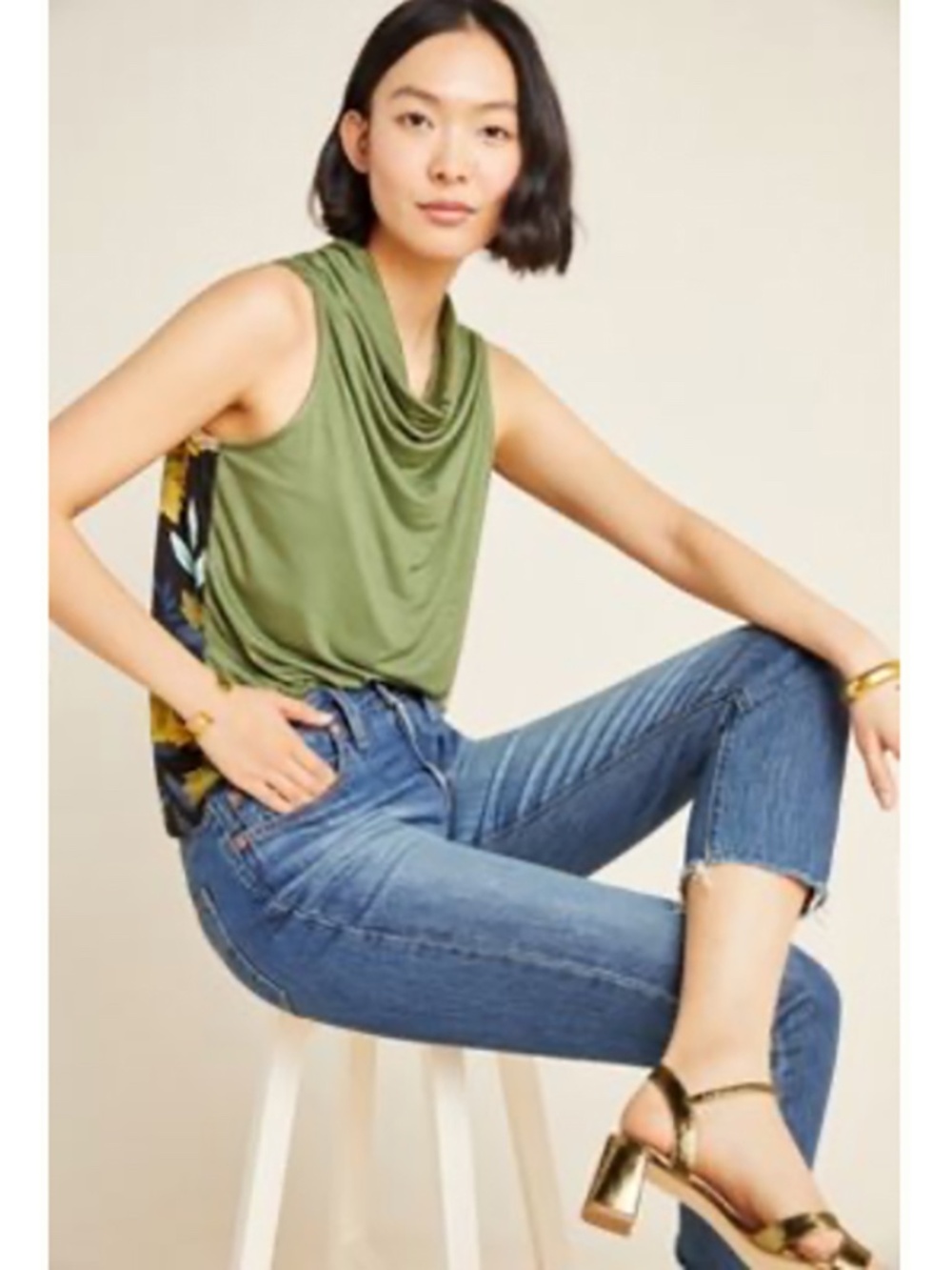 Anthropologie Porridge Cassie Floral Green Cowl Neck Top
